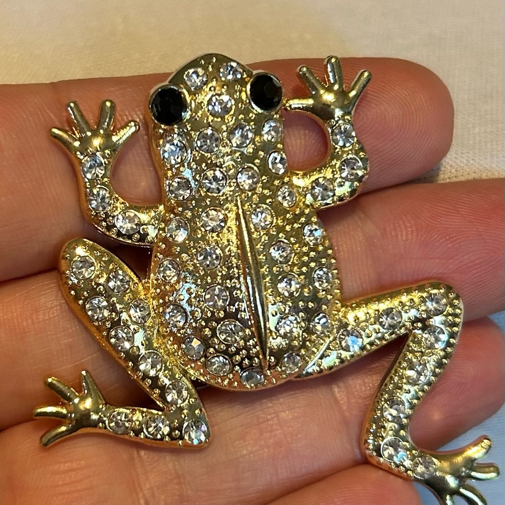 Brooch - Frog with Rhinestones - Gold Tone - New
